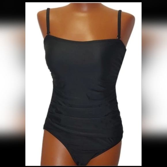 DKNY One Pc Swimsuit Woman Med Black Slimming Strapless Tummy Control New - Picture 2 of 8